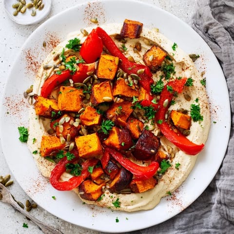 A close-up of the Roast Squash and Hummus Winter Salad highlights vibrant red bell peppers and a swirl of smoked paprika over the dip.