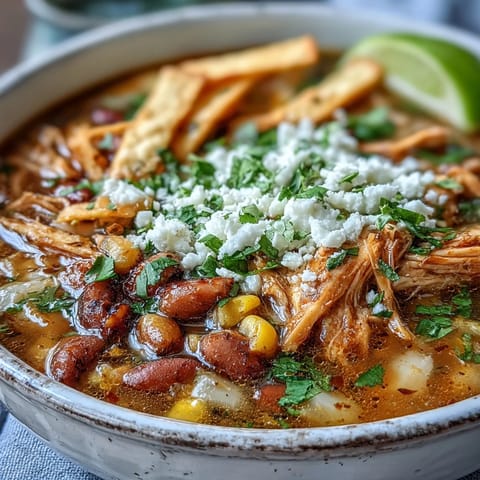 This hearty Chicken Tortilla Soup features tender shredded chicken, pinto beans, corn, and a squeeze of lime.