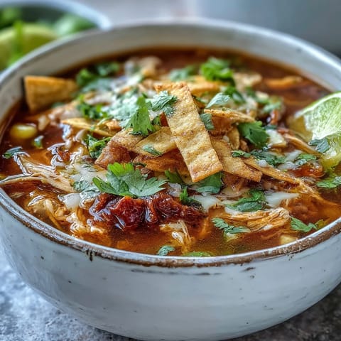 Best Chicken Tortilla Soup served in a rustic bowl with crispy tortilla strips and fresh cilantro garnish.