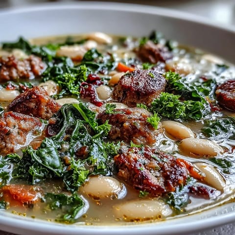 A close-up of Italian White Bean Soup with Kale and Sausage, featuring creamy cannellini beans, tender kale, and crumbled spicy sausage in a rich golden broth.