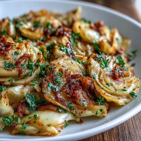 Bright, steaming sautéed cabbage with garlic and Mediterranean spices glistening in olive oil on a white plate with lemon wedges.