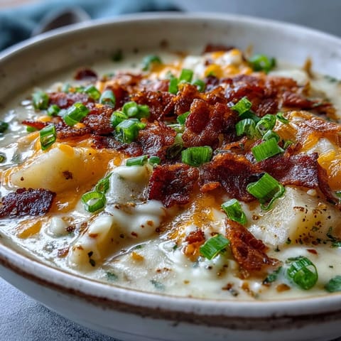 Hearty Loaded Potato Soup with crispy bacon and melted cheddar cheese, served steaming hot alongside crusty bread for a satisfying lunch.