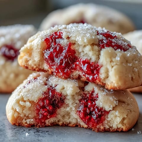 Golden-edged Soft Chewy Raspberry Sugar Cookies lined on a wire rack, with a bite revealing pillowy texture and red raspberry bursts.