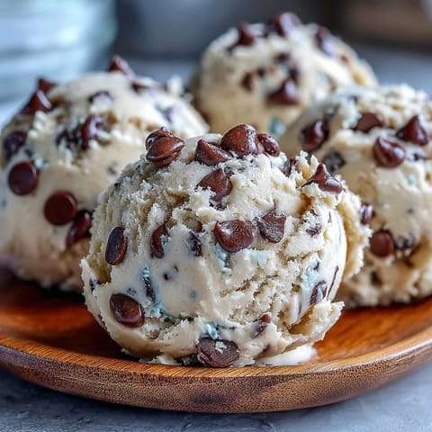 Scooped tablespoons of Greek Yogurt Cookie Dough served chilled on a white plate.