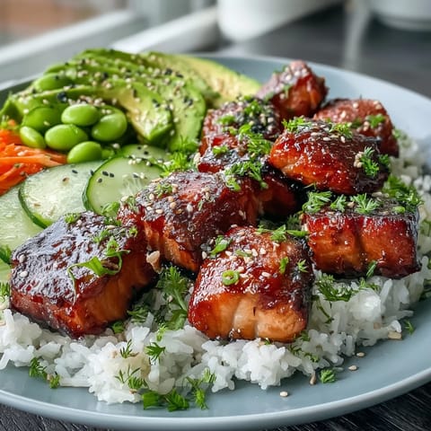 A finished Baked Salmon Rice Bowl garnished with sesame seeds, shredded carrots, and green onions, served with lime wedges for squeezing.