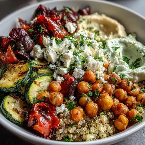 A finished Mediterranean Buddha Bowl features warm chickpeas, Kalamata olives, and tangy Greek yogurt on a bed of quinoa.