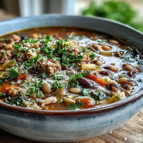 Rustic bowl of Black-Eyed Peas and Sausage Soup topped with fresh parsley and Parmesan cheese.