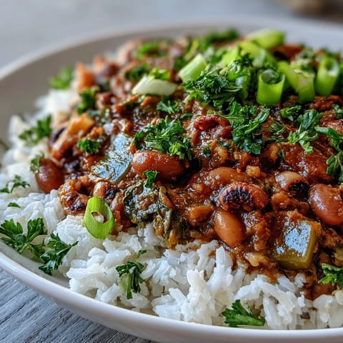 Southern Vegetarian Hoppin John simmering in a pot with aromatic vegetables and herbs.