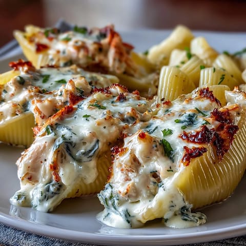Golden baked jumbo pasta shells filled with creamy seafood mixture, perfect for a cozy Italian-American dinner.