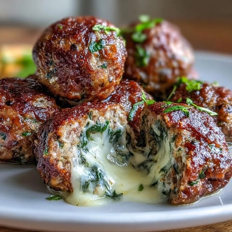 Spinach Garlic Meatballs rested on a rustic cutting board with fresh parsley, garlic cloves, and warm marinara sauce for dipping.