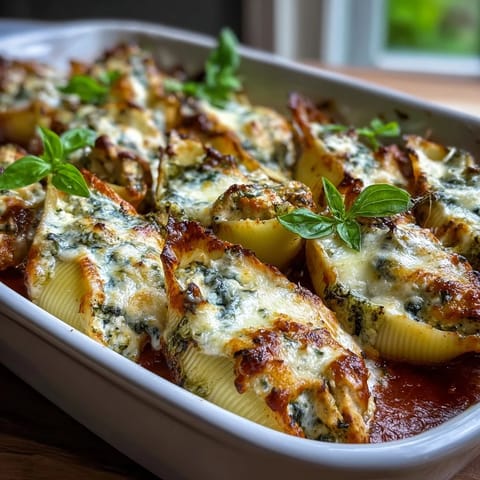 Golden, bubbly Pesto Lasagna Stuffed Shells with melted mozzarella and fresh basil garnish.