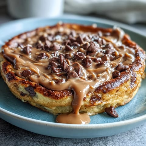A single serving of warm Peanut Butter Cup Protein Pancake Bowl with a soft, cake-like texture and a generous peanut butter drizzle.