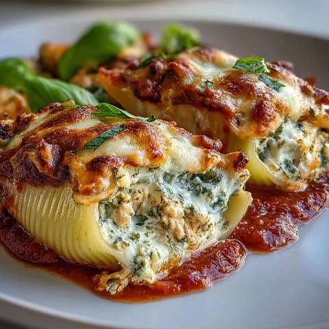 Golden-brown baked Pesto Lasagna Stuffed Shells, topped with melted mozzarella, fresh basil, and a rich marinara sauce in a dish.
