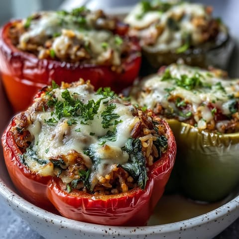 Baked red bell peppers filled with savory ground turkey, zucchini, and brown rice.