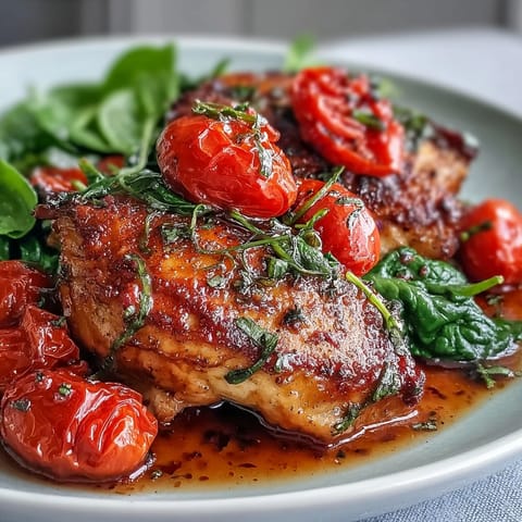 Golden-brown chicken breasts simmered in a tangy balsamic glaze with sweet cherry tomatoes and fresh spinach in a single skillet.