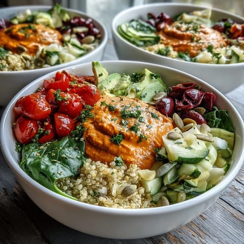 A vibrant Vegan Roasted Red Pepper Hummus Buddha Bowl is filled with fresh veggies, grains, and a creamy dollop of hummus.