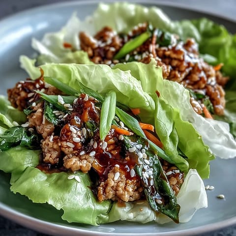 Fresh turkey potsticker stir-fry lettuce wraps with crisp vegetables, ginger-soy sauce, and sesame seeds served in chilled lettuce cups.