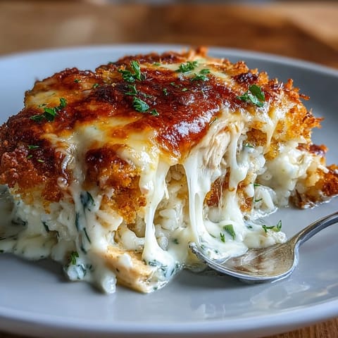 Creamy garlic chicken and rice casserole with tender chicken, cheesy sauce, and crispy panko topping.
