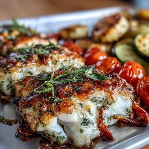 Healthy sheet pan dinner of tender tilapia fillets with fresh zucchini and cherry tomatoes, seasoned with garlic and herbs.  