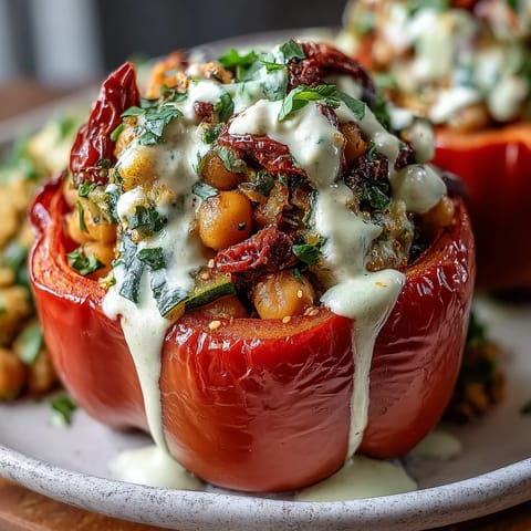 Roasted bell peppers filled with herbed chickpea and quinoa mixture, topped with tangy lemon tahini for a satisfying plant-based meal.  