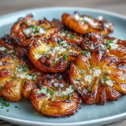 Crispy smashed baby potatoes roasted golden brown and drizzled with fragrant garlic-infused olive oil for a savory side dish.  