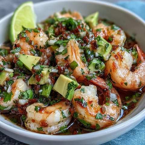 Vibrant shrimp ceviche marinated in lime juice and spiced with chilli, garnished with cucumber and avocado for a refreshing, gluten-free appetizer.  