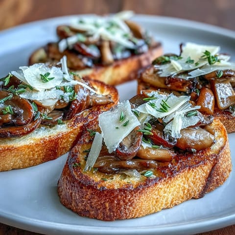 Delicious Wild Mushroom & Garlic Crostini appetizer with buttery wild mushrooms, shaved Parmesan, and fresh thyme garnish.  