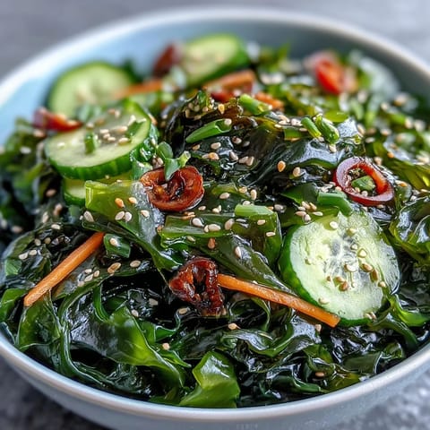 A vibrant seaweed salad with ponzu dressing, sesame seeds, and fresh vegetables, perfect for a light appetizer or healthy side dish.  
