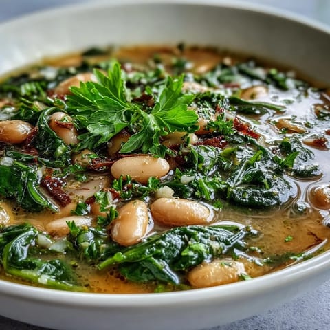 A steaming bowl of Tuscan white bean and spinach soup with vibrant greens and rustic bread on the side.