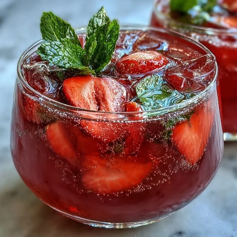 Refreshing Galentines Pink Lemonade Strawberry Punch served in glasses with mint garnish and vibrant red and pink fruit slices.