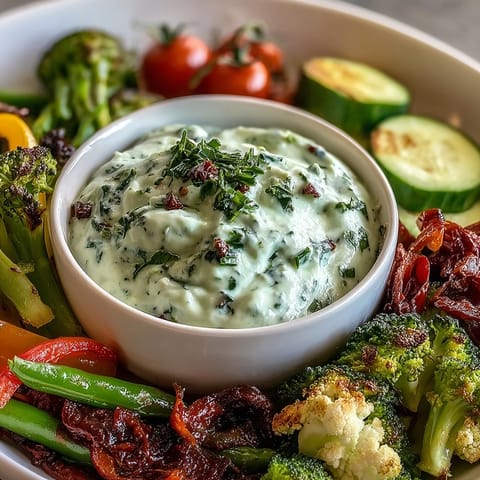Fresh vegetable platter showcasing broccoli florets, cherry tomatoes, and radishes, served with creamy homemade Green Goddess dip for dipping.  