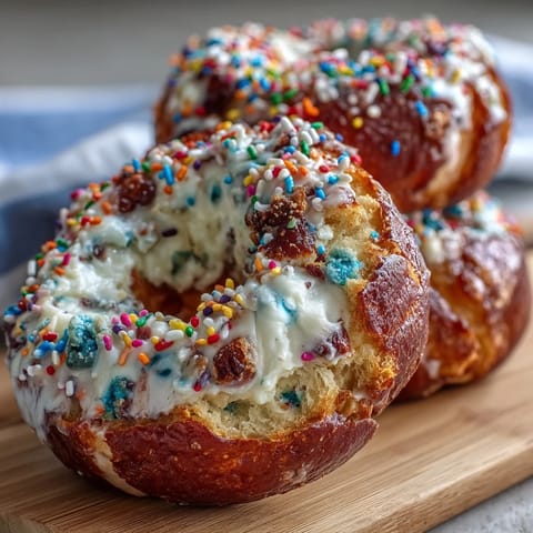 Golden-baked birthday cake protein bagels topped with rainbow sprinkles, perfect for a high-protein, festive breakfast treat.