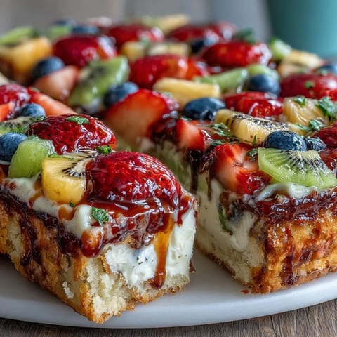 Chewy sugar cookie crust layered with smooth cream cheese frosting and vibrant mixed fruits for a festive dessert.  