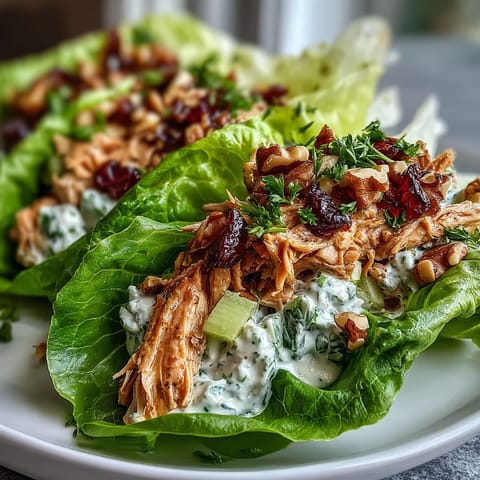Healthy Easy Chicken Salad Lettuce Wraps with crisp lettuce leaves filled with creamy chicken salad, celery, and red bell pepper for a light, fresh meal.  