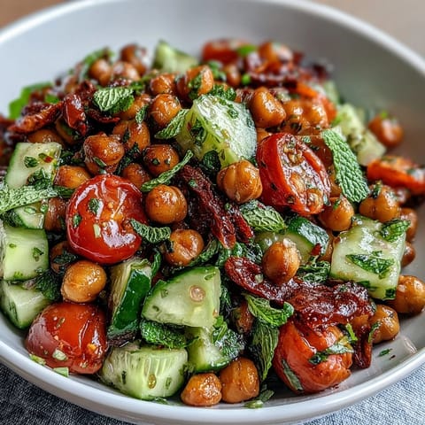 Healthy Easy Cucumber Chickpea Salad with Lemon Vinaigrette in a white bowl, showing crisp cucumber, chickpeas, and fresh herbs tossed in bright lemon dressing.