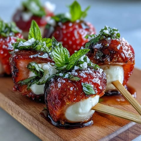 Strawberry Caprese skewers with juicy strawberries, fresh mozzarella, and basil leaves, drizzled with sweet balsamic reduction for a bright appetizer.