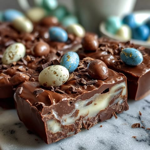 Festive pastel chocolate bark with Cadbury eggs and colorful sprinkles, perfect for Easter dessert tables.