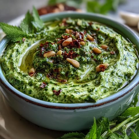 Creamy dandelion pesto with garlic, pine nuts, and Parmesan, perfect for pasta or sandwiches.  