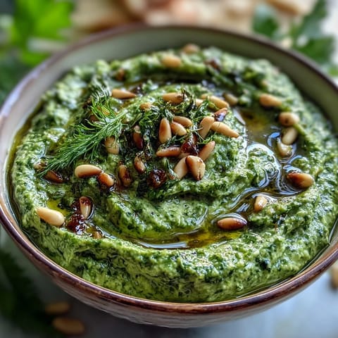 Fresh dandelion pesto with garlic and toasted pine nuts, vibrant green and aromatic.  