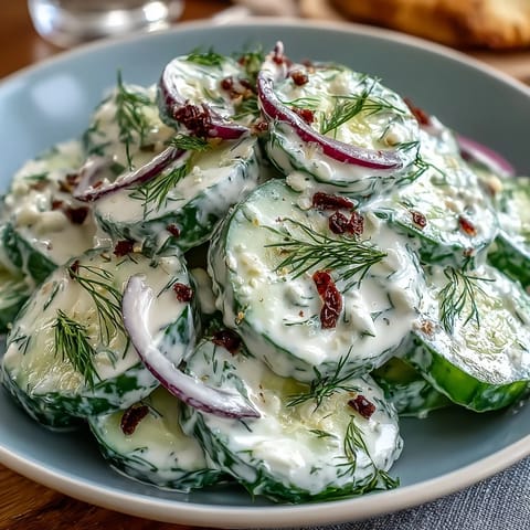 Refreshing creamy cucumber dill salad featuring sliced cucumbers, red onion, and zesty dill dressing—a light, easy side dish.