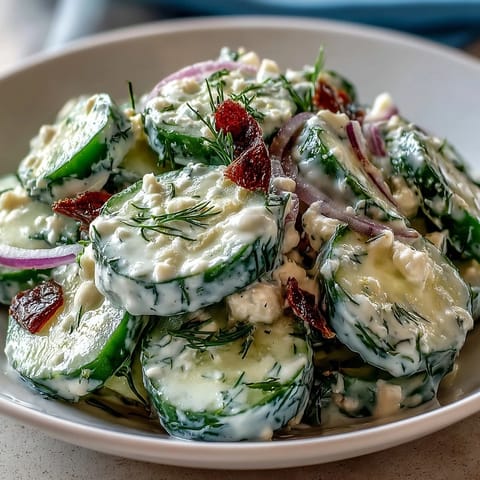 Creamy cucumber dill salad with crisp cucumbers and tangy sour cream dressing, perfect for summer barbecues or picnics.