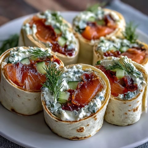 Smoked salmon and cucumber cream cheese pinwheels with dill on a white platter