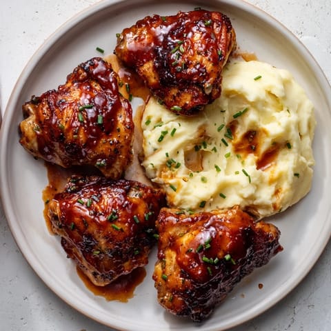 Golden, glistening honey BBQ chicken thighs alongside creamy garlic mashed potatoes, ready to savor.