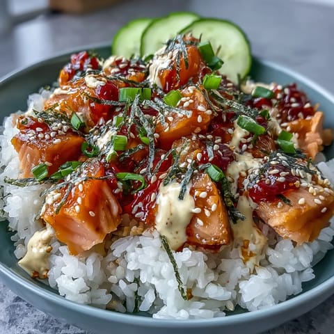 Spicy mayo salmon rice bowl with tender salmon cubes over fluffy rice, drizzled with creamy sriracha mayo and topped with crisp cucumber and sesame seeds.