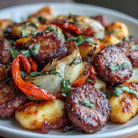 Sheet pan gnocchi with sausage and peppers: golden gnocchi roasted alongside juicy sausage and sweet bell peppers for a hearty, one-pan dinner.