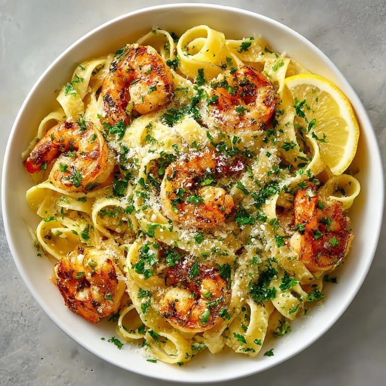 Closeup of tender shrimp in garlic butter sauce atop fettuccine, perfect for a quick dinner.