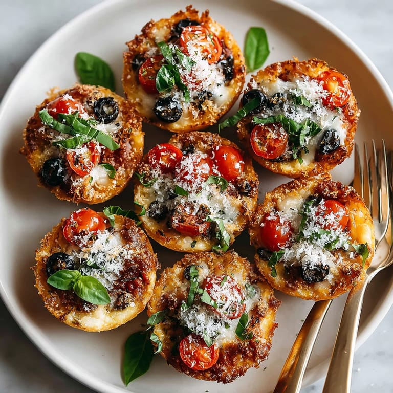 Close-up of Mini Pizza Muffins Bites revealing melted mozzarella and diced tomatoes inside.