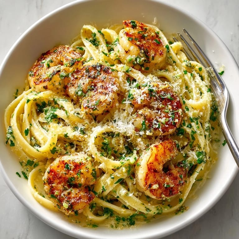 Steaming Creamy Herb Shrimp Linguine with plump shrimp and aromatic herbed cream sauce.