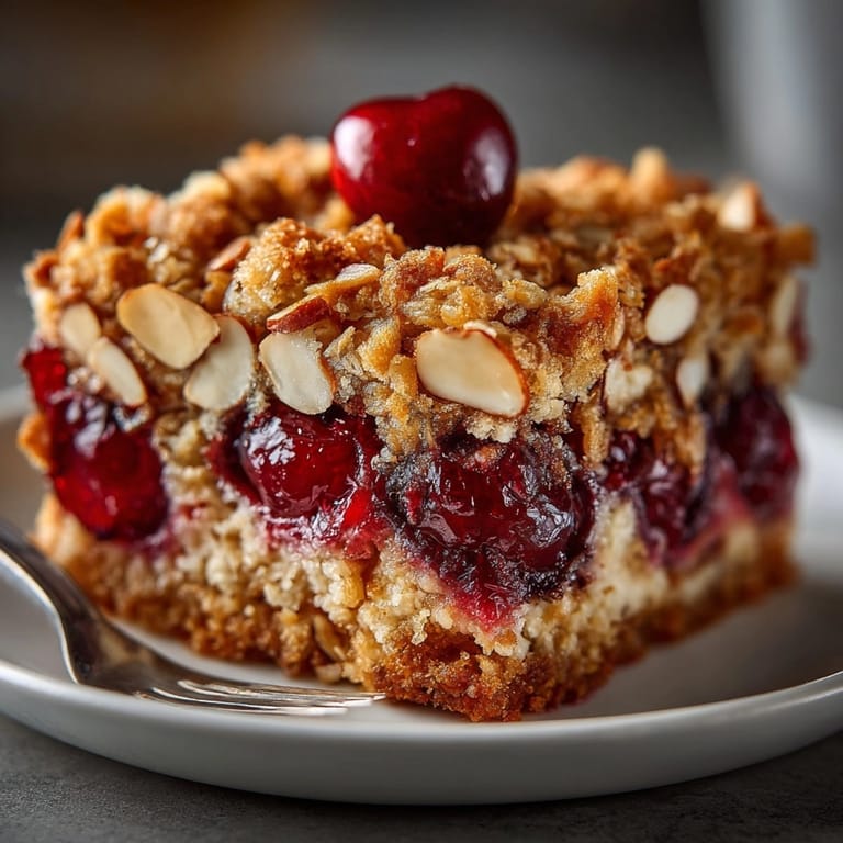 A close-up image of a Cherry-Coded Sour Cherry Oatmeal Bake shows juicy cherries and a sweet almond topping.