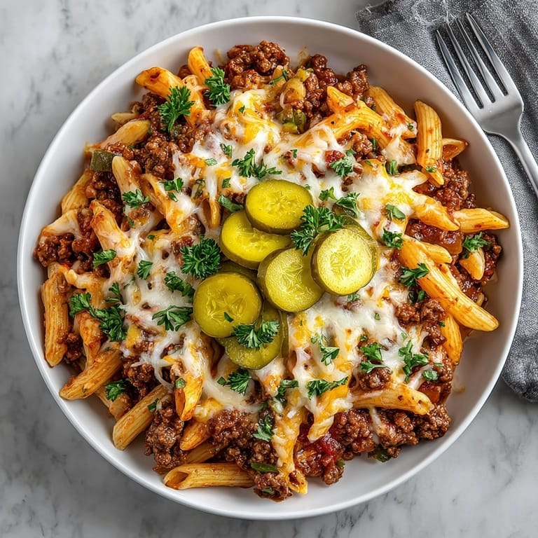 Golden brown and delicious, a serving of Pickle-Fix Sloppy Joe Pasta Bake awaits with pickles.